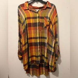 Cato Plaid Button Down High-Low Tunic Top Multicolor Womens Plus Size 22/24W